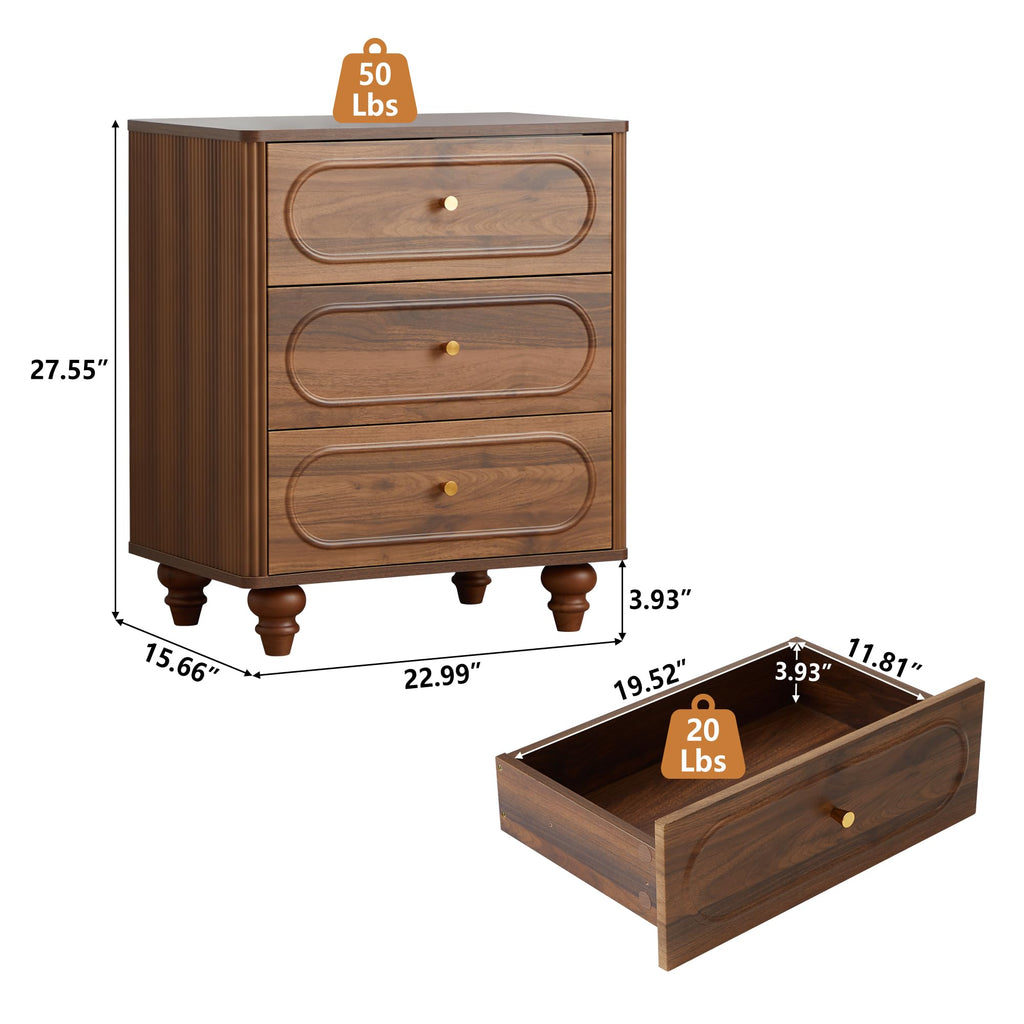 3 Drawer Fluted Dresser, Mid Century Modern Chest of Drawers, Wood Storage Small Dresser Organizer Living Room