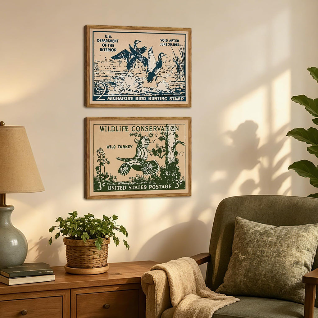 Framed Vintage Wildlife Stamp Wall Art Set of 2, Retro Conservation Duck and Wild Turkey Pictures Wall Decor, Rustic