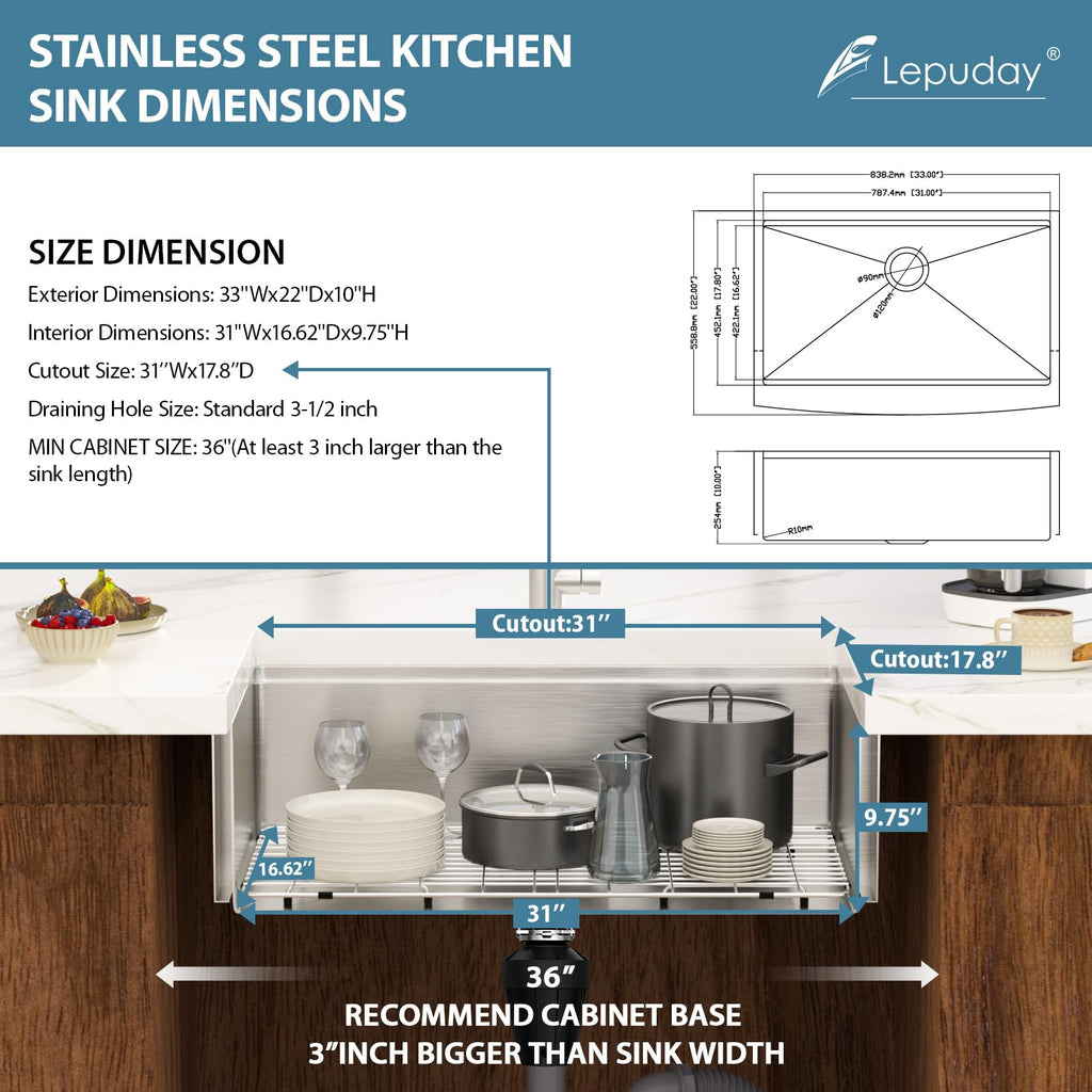 33 inch Farmhouse Kitchen Sink Stainless Steel Undermount
