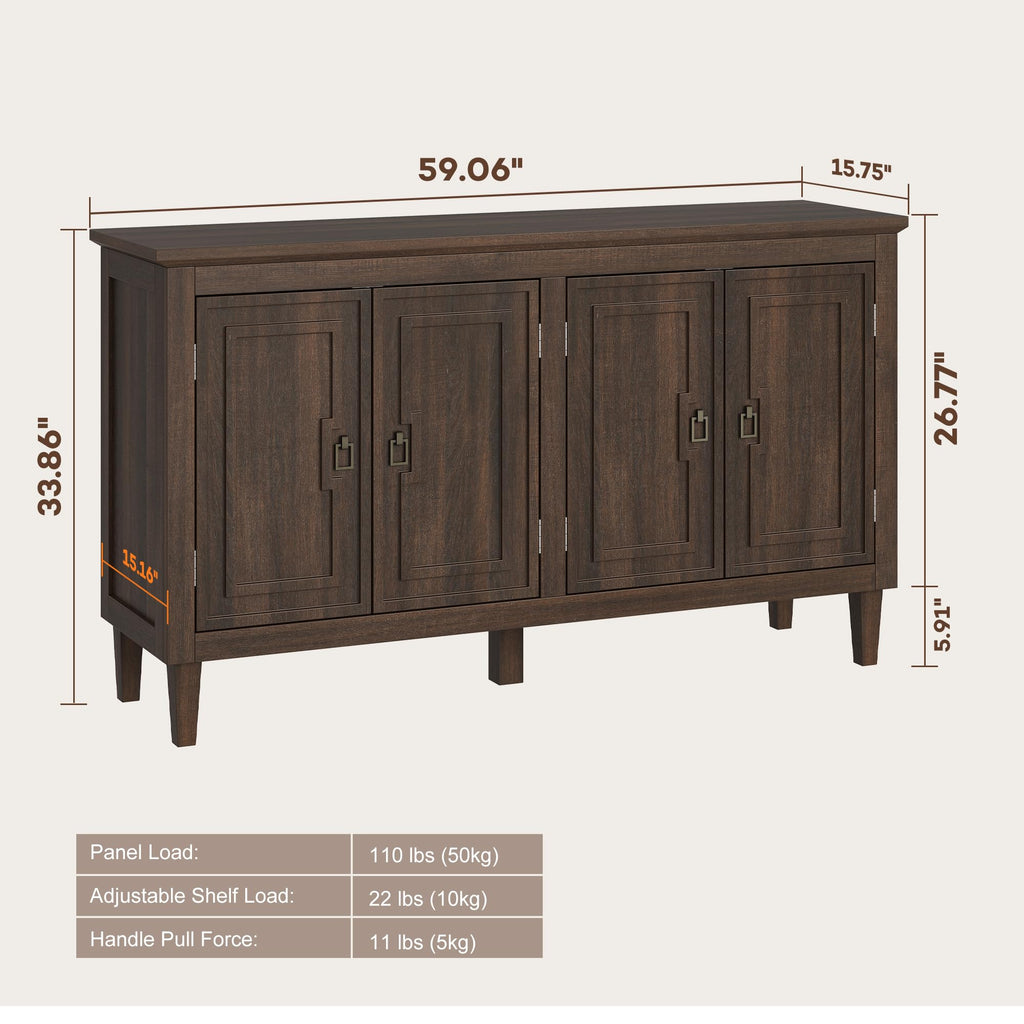 60" Mid Century Sideboard Buffet Cabinet, Large Credenza Wood Coffee Bar 4 Doors & Adjustable Shelves, Vintage