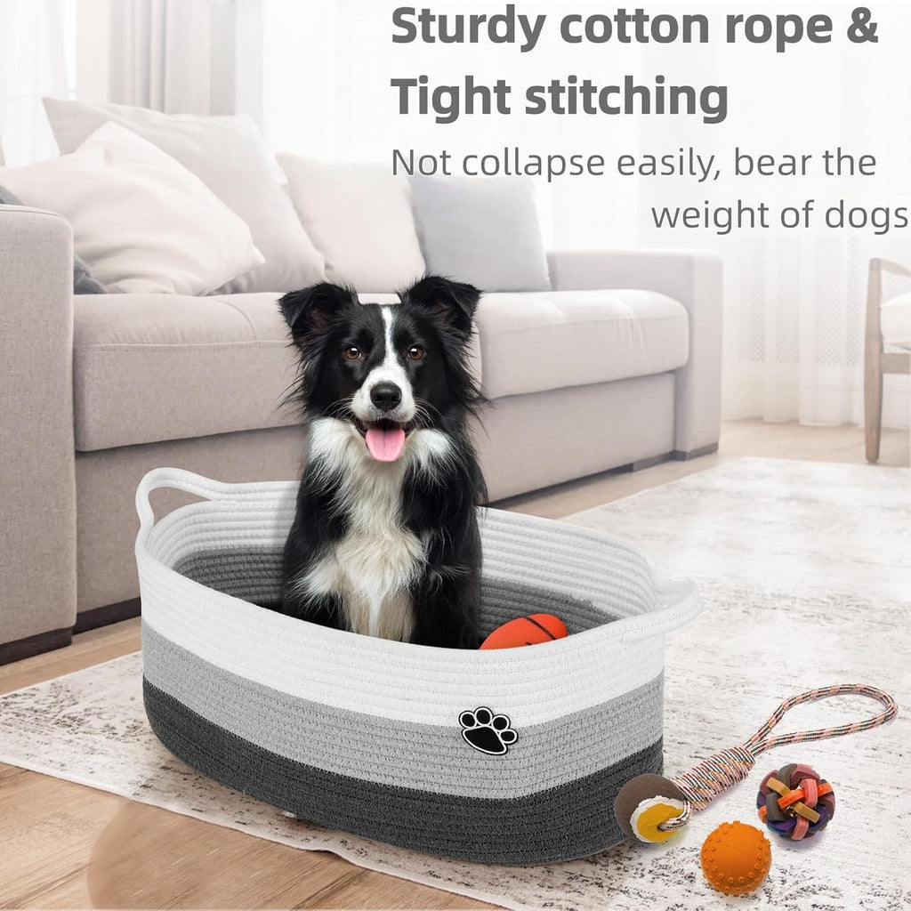 40L Extra Larg Dog Toy Basket, Woven Rope Storage Basket, White-Grey