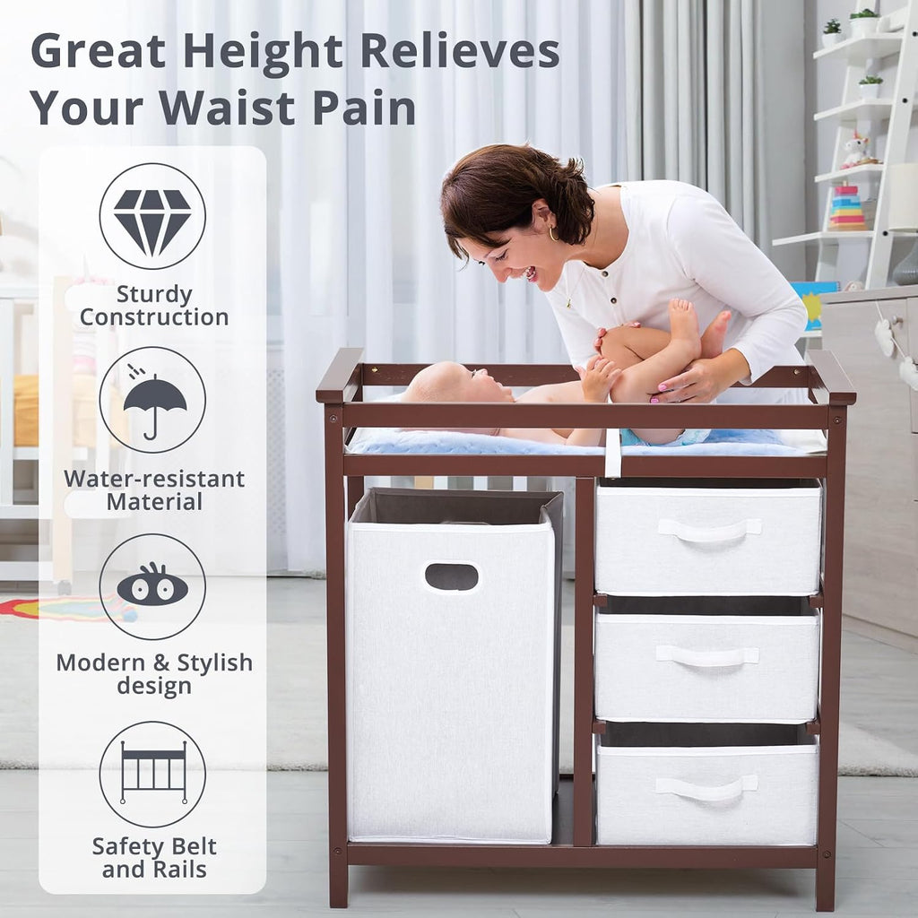 Modern Baby Changing Table with Laundry Hamper & 3 Drawers | Solid Wood Nursery Dresser Supports 40 Lbs, with Safety
