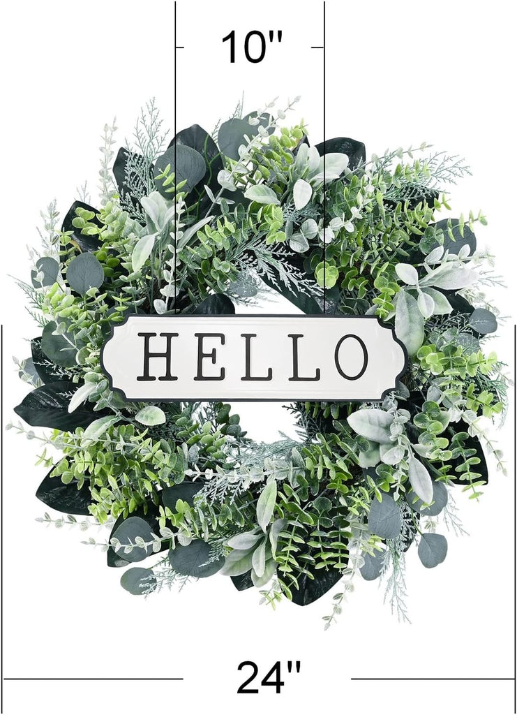 24'' Hello Door Wreath 24inch Boxwood Wreath Farmhouse Eucalyptus Flocked Lambs Ear Wreaths for Front Door Hanging