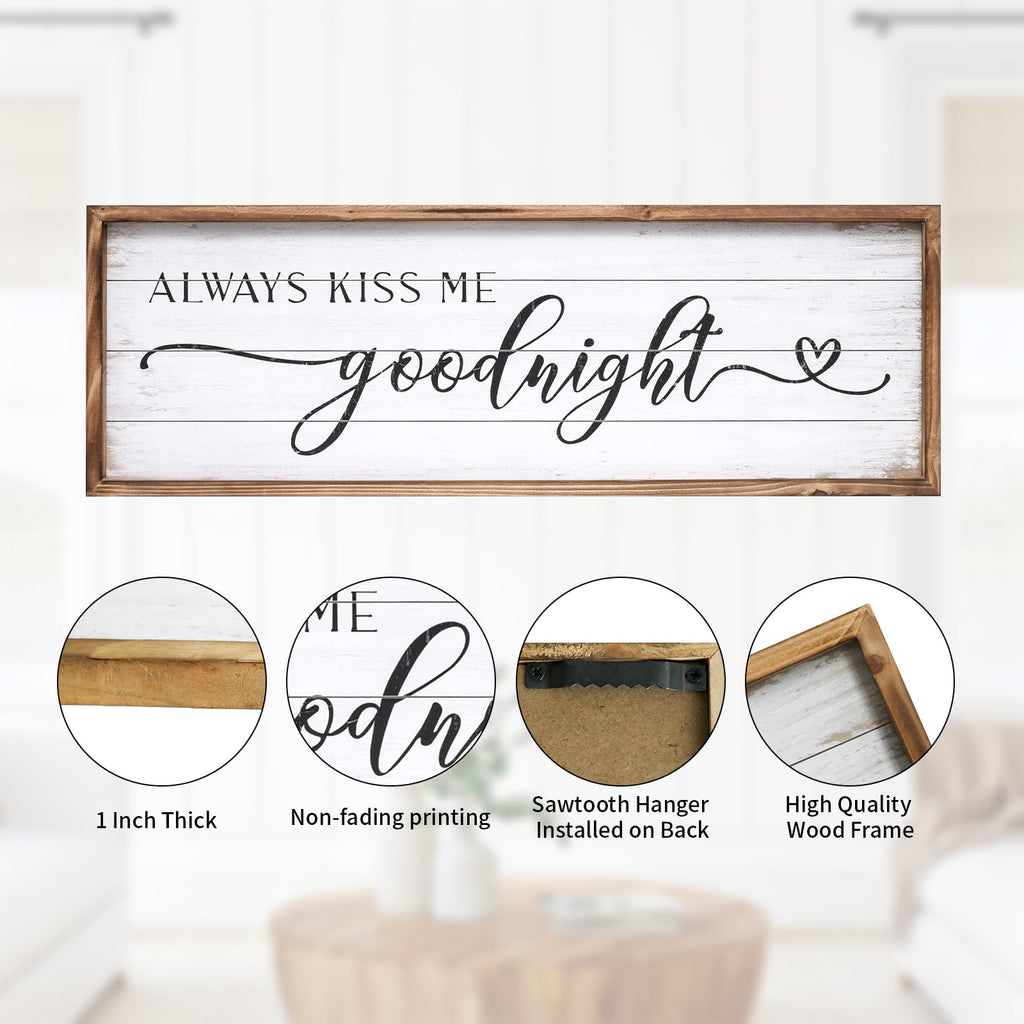 Large Above Bed Wall Decor Bedroom Sign Bedroom Decor with Solid Wood Frame for Couples, Always Kiss Me Goodnight