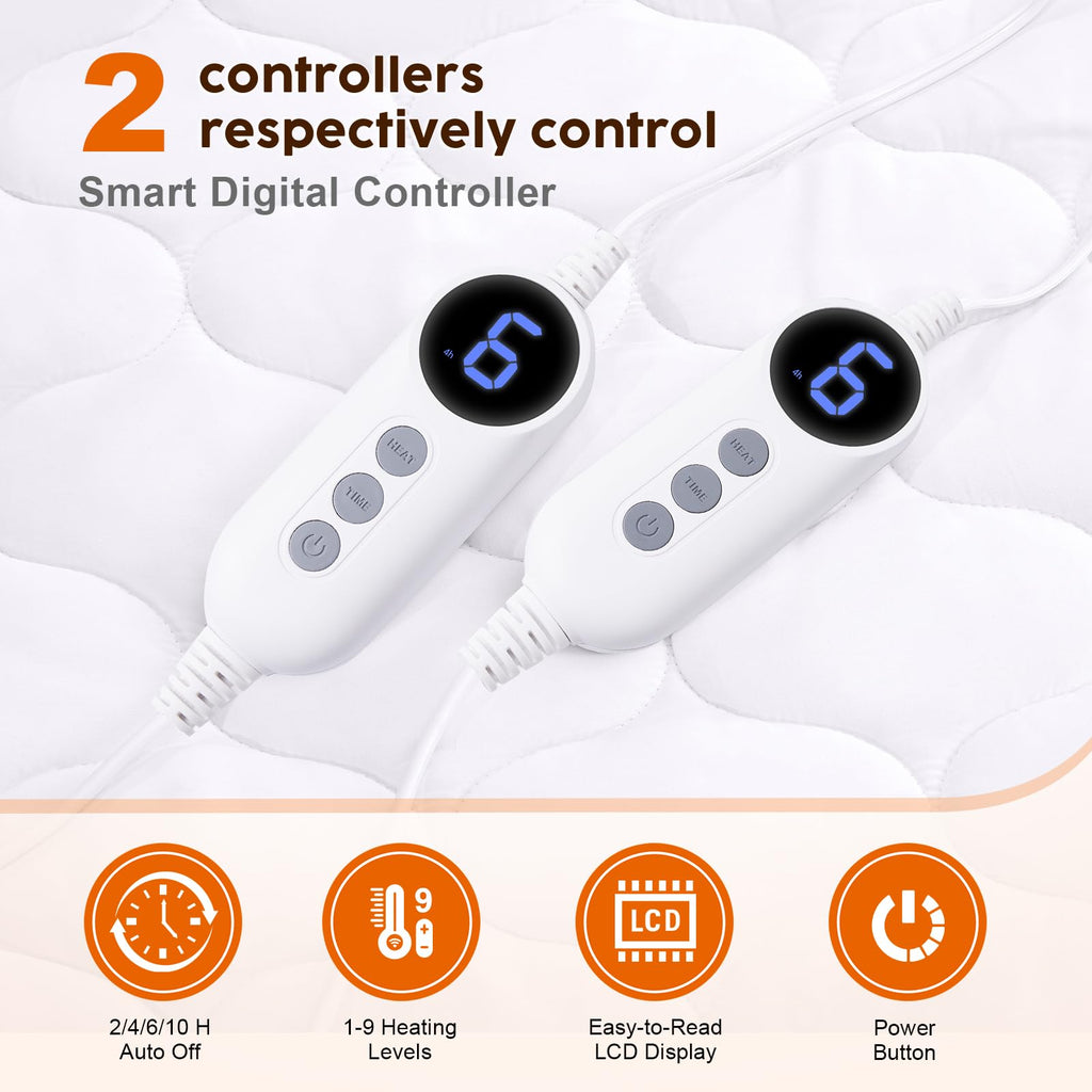 Electric Heated Mattress Pad Cal King Size Dual Control, Fast Heating Bed Warmer with Deep Pockets, 9 Heat Settings &