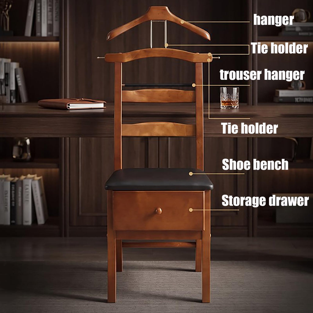 Wooden Chair Valet Stand with Contour Hanger and Drawer