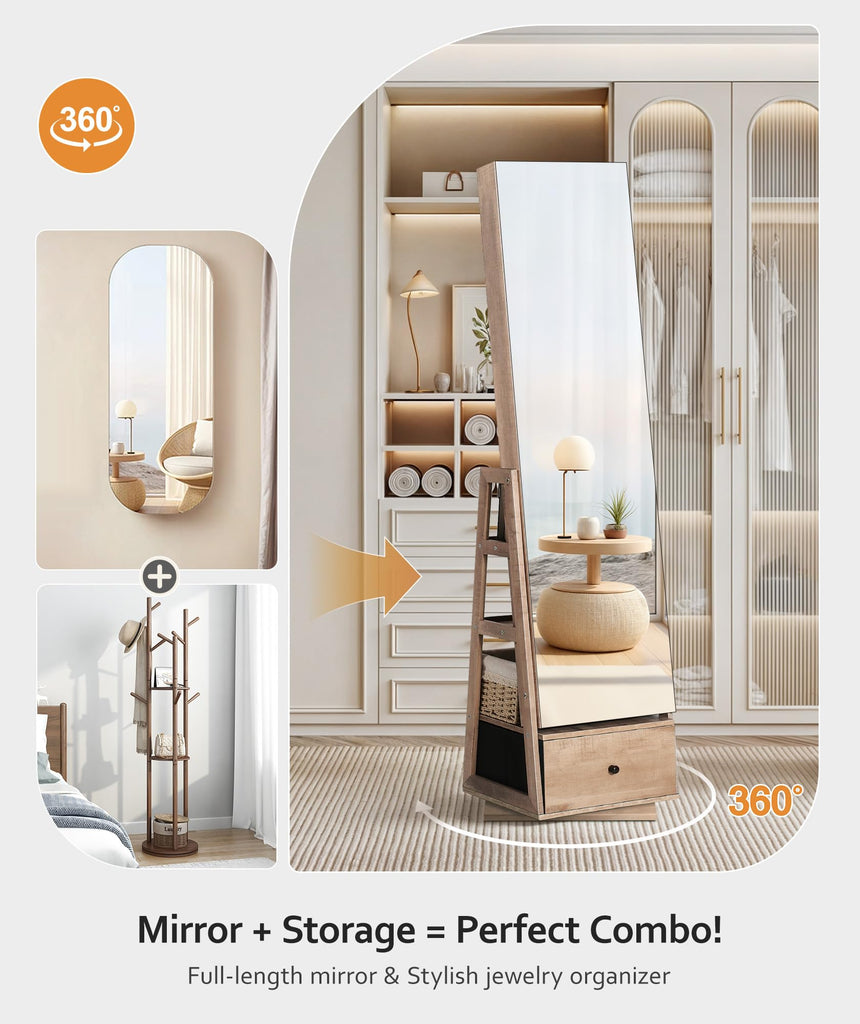 360° Swivel Jewelry Cabinet, Full Length Mirror, Lockable, Oak