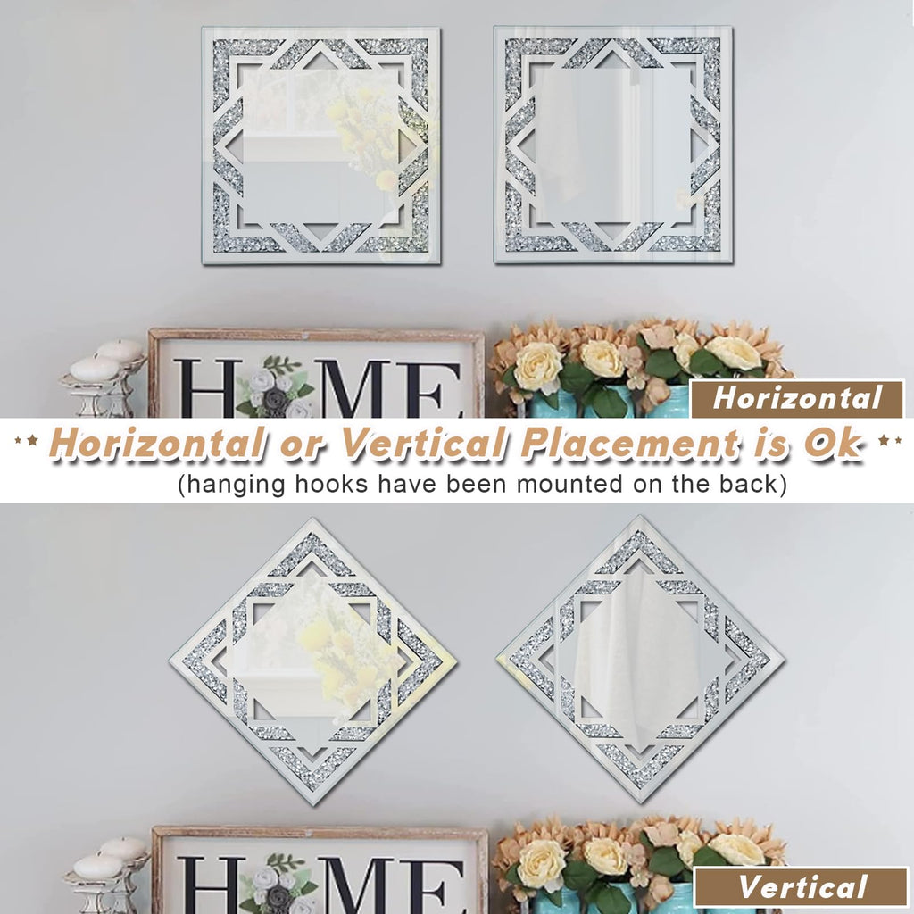 2 Piece Square Hollow Crushed Diamond Decorative Mirror, Silver Crushed Diamond Mirror Decor Wall Bedroom Bathroom