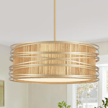 5-Light Rattan Drum Chandelier 19.7'' Boho Gold Pendant Light