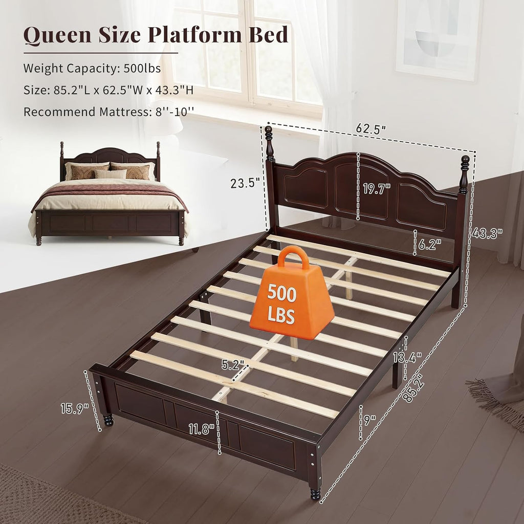 Dark Walnut Wood Bed Frame Queen Size with Wave Shaped Headboard