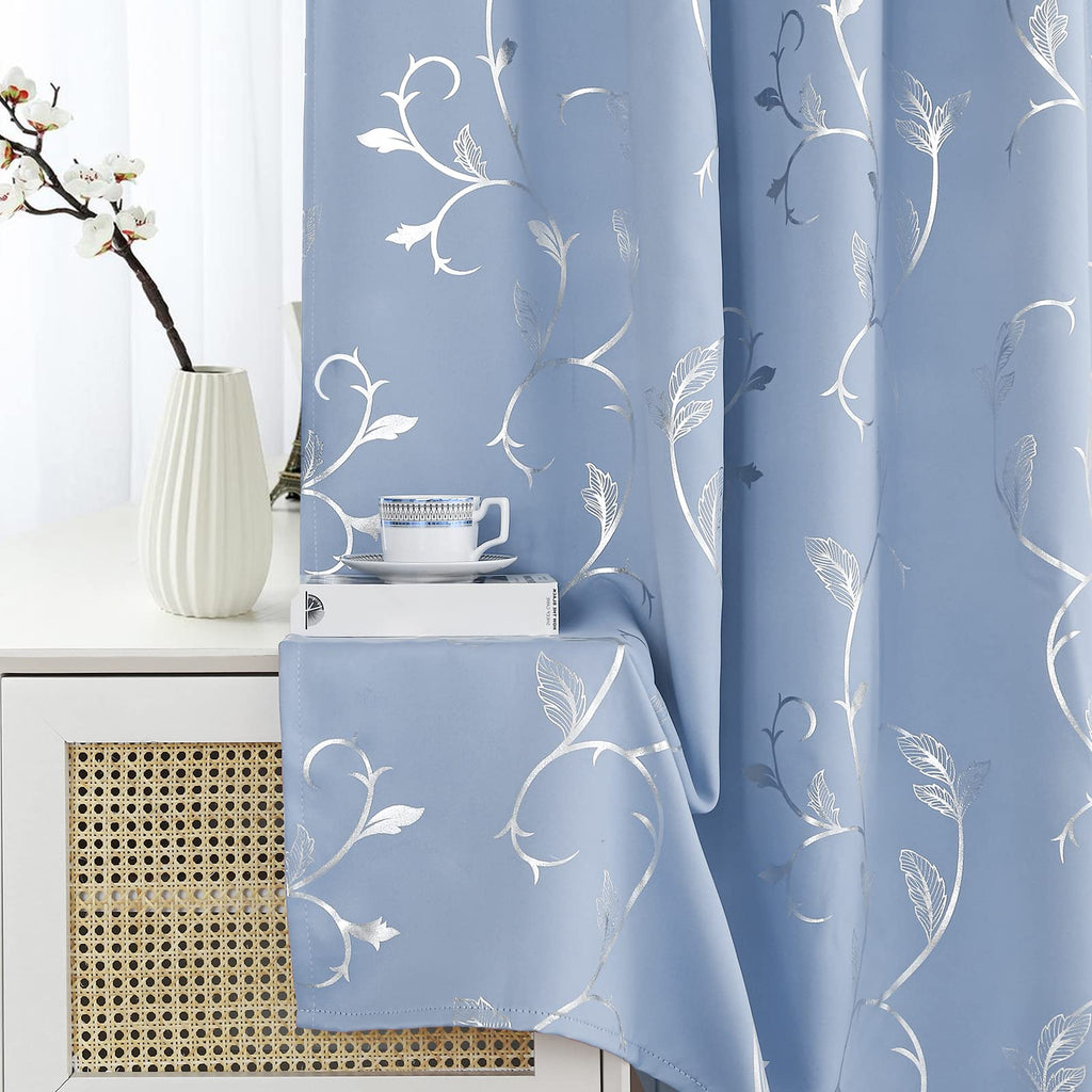 Blue Blackout Curtain 2 Panel Set Vine Foil Print Thermal Insulated Drapes Room Darkening Curtains Grommet Window