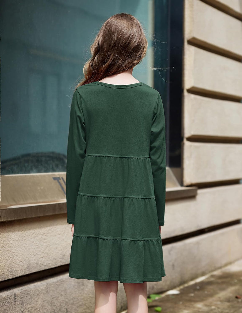Girl Long Sleeve Dress Tiered Ruffle Swing Tunic Shirt Dress