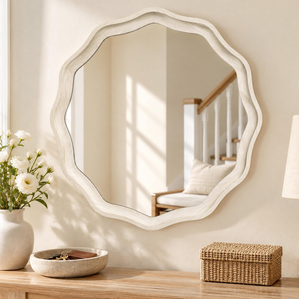 24 Inch Washed White Scalloped Round Bathroom Mirror, Wood Frame