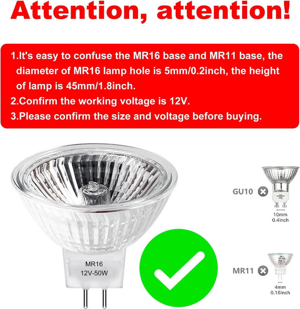 MR16 Halogen Bulbs 2 Pin, 12V 50W, Gu5.3 Base, 6 Packs