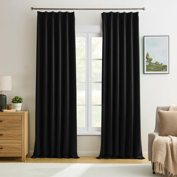 Black Pinch Pleated Curtains 144 Inches Long Wall Curtains, Elegant and Sleek Velvet Drapes for Cinema, Hall, Theatre