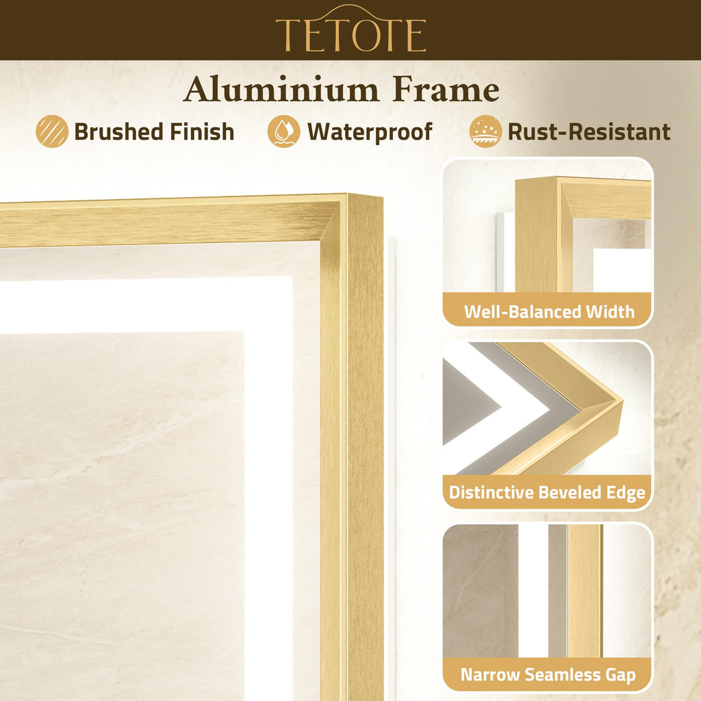 24 x 32 Bathroom LED Mirror Brushed Gold Metal Frame Frontlit & Backlit Vanity Mirror Anti-Fog Stepless Dimmable 3