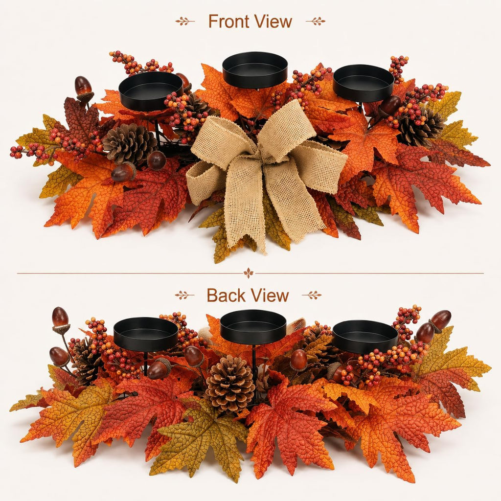 Fall Candle Holder Centerpiece with Maple Leaves, Pinecones, Berries & Burlap Bow,Thanksgiving Table Centerpiece