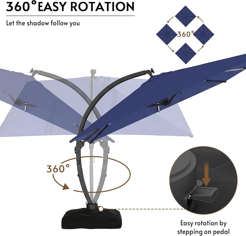 11FT Solar Powered LED Light Cantilever Patio Umbrella with Base Included, Large Cantilever Umbrella with 360°Rotation