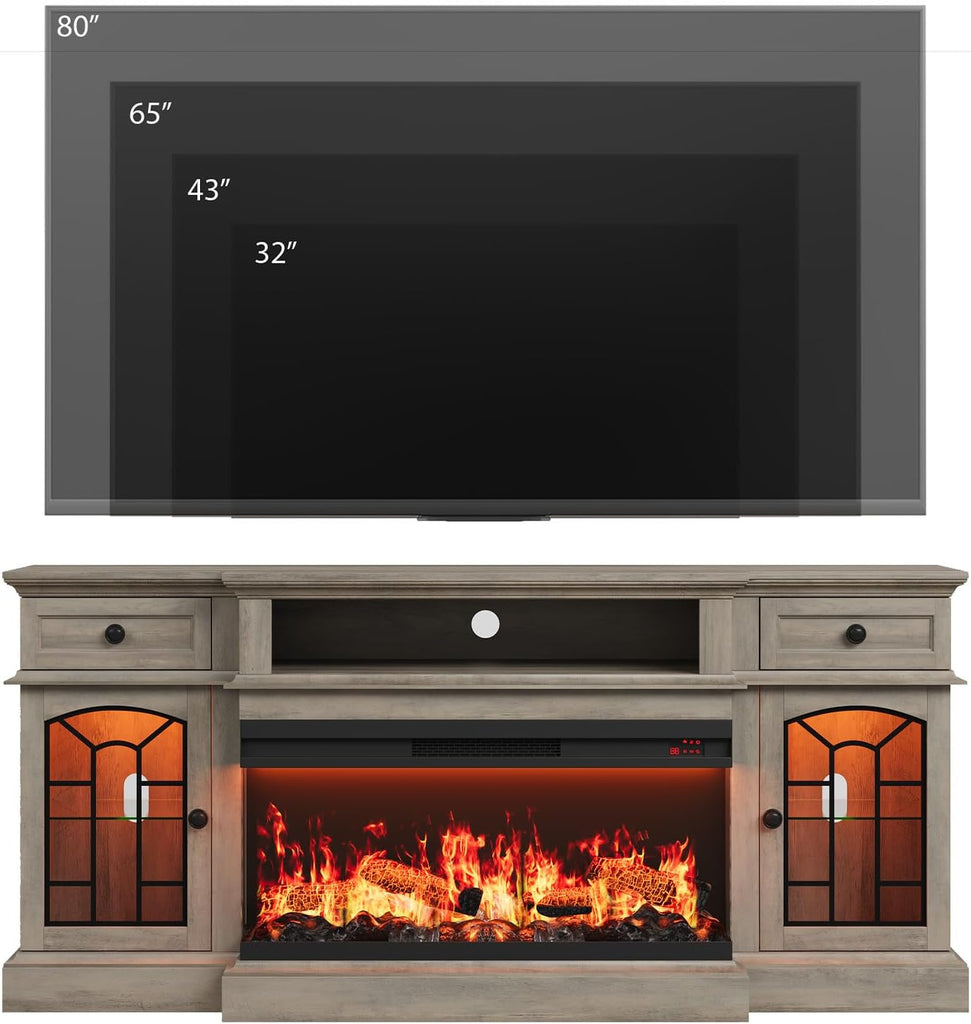 70" Farmhouse Fireplace TV Stand for TVs up to 80", Entertainment Center with 36" 3-Side Glass Electric Fireplace