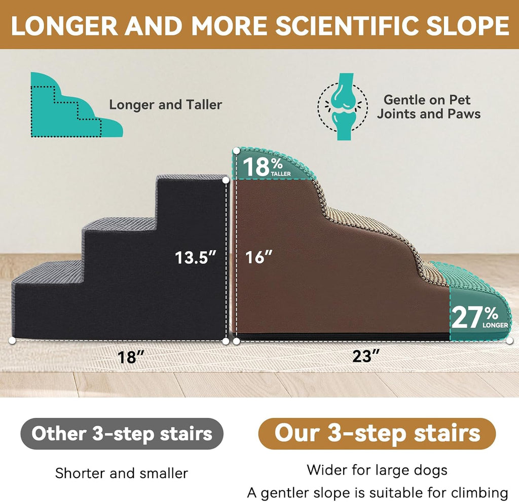 Dog Ramp and Stairs for Bed, Coffee 3 Steps 16" H, Nonslip Cover