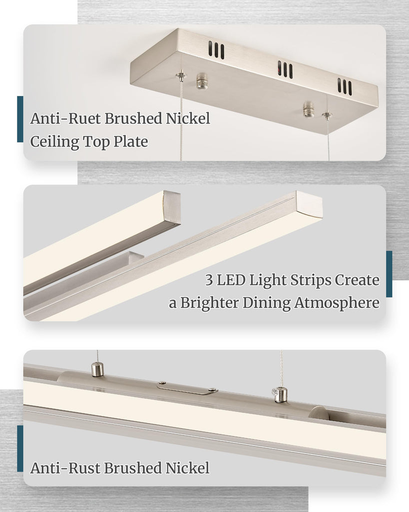3 LED Linear Pendant Light 52 inch Nickel Island Light Dimmable
