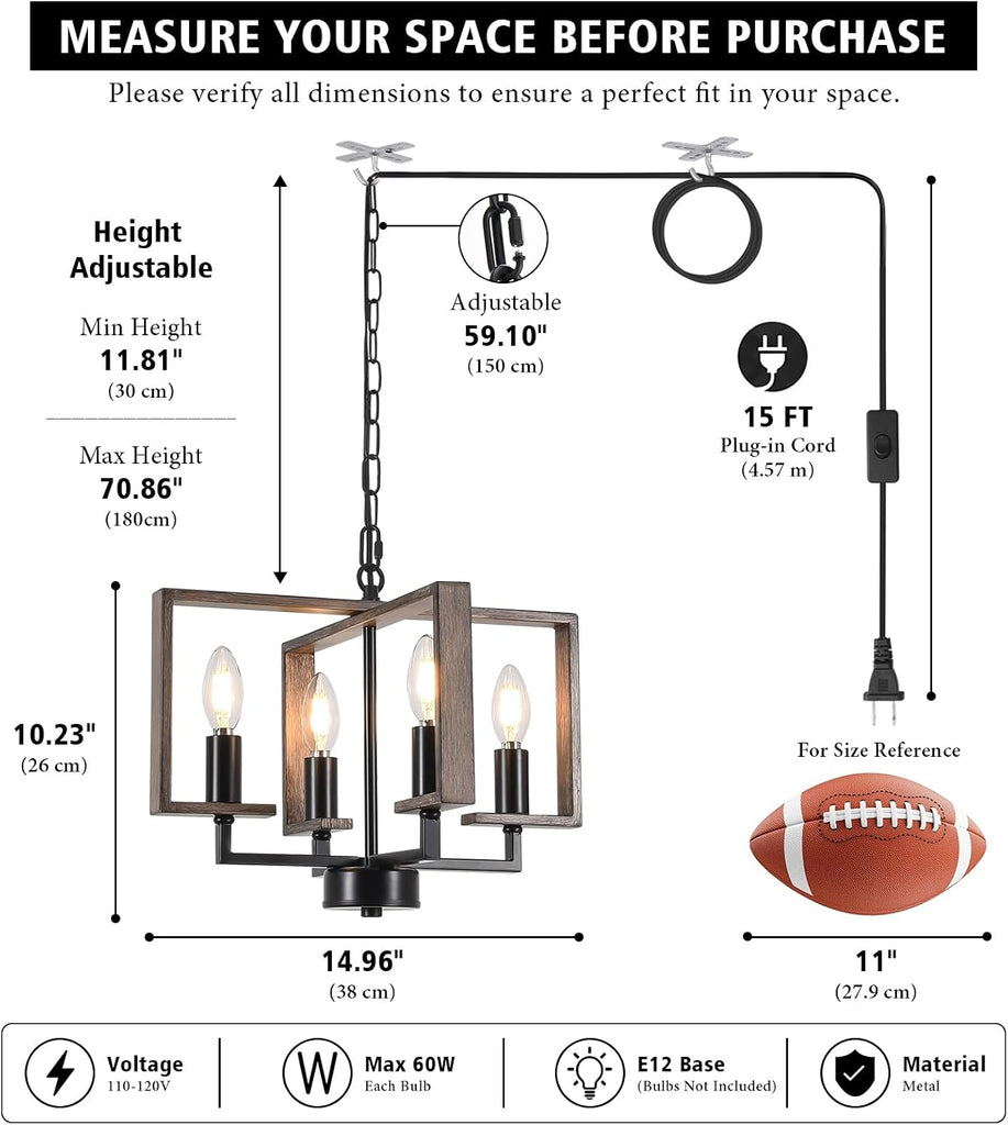 Plug in Chandelier, 4 Light Geometric Hanging Lights with Plug in Cord 15FT & Switch