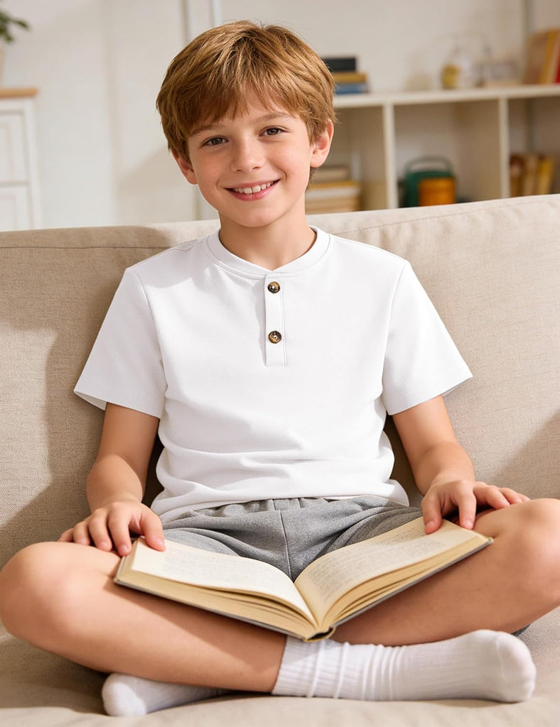 Boys Henley Short Sleeve Shirts Kids Cotton T Shirts Summer Tops