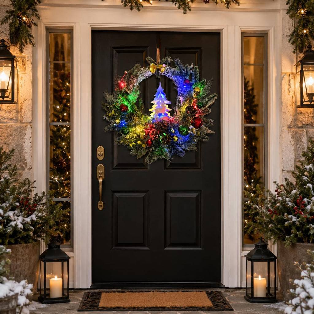 Pre-Lit Flocked Christmas Wreath with Reindeer 20 LEDs and Timer