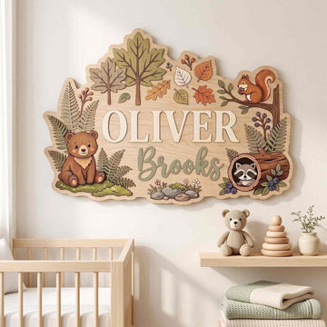 Personalized Nursery Name Sign For Girls Boys, Wooden Baby Name Sign, Woodland Kids Room Decor, Baby Shower, Forest