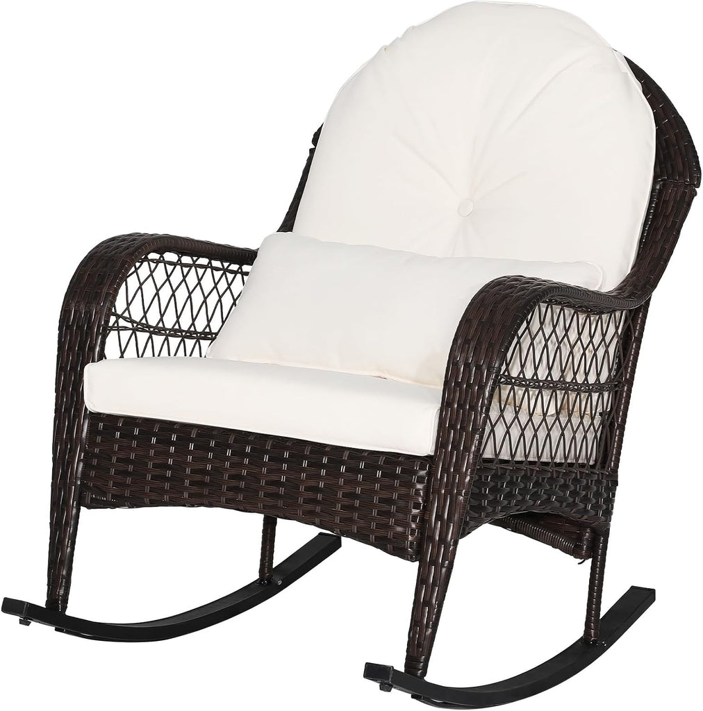 Outdoor Wicker Rocking Chair, Patio Rattan Rocker w/Lumbar Pillow, Padded Seat & Back Cushions, Metal Frame, Mix
