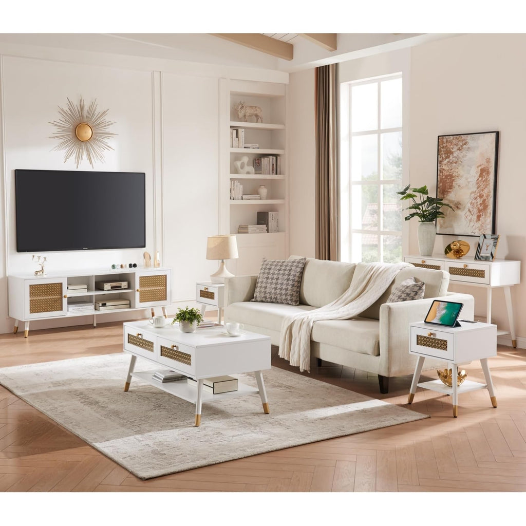 White TV Stand, 66" Modern Entertainment Center with Storage Cabinets, Fluted Boho TV & Media Console (White and