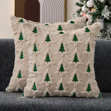 Christmas Pillow Covers 18x18 Beige Double Xmas Tree Pillow Covers Soft Plush Faux Fur Christmas Decorations - Set of 2