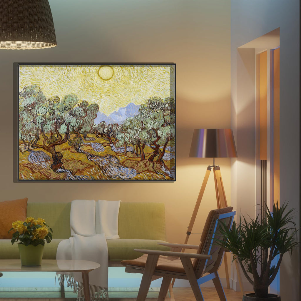 Vincent Van Gogh Canvas Wall Art - Olive Trees with Yellow Sky and Sun Poster - World's Most Famous Oil Painting