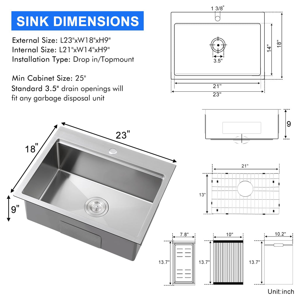 23"x18" Drop-In Workstation Sink 18 Gauge Stainless Steel 9" deep