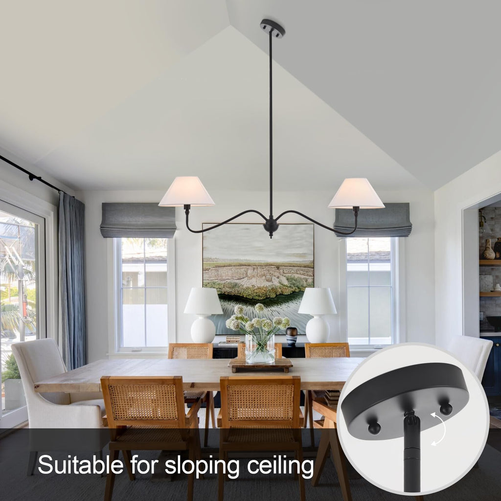 Modern Linear Chandelier Island, 2-Light Linear Light Fixture with Off-White Fabric Shade, Rustic Pendant Light