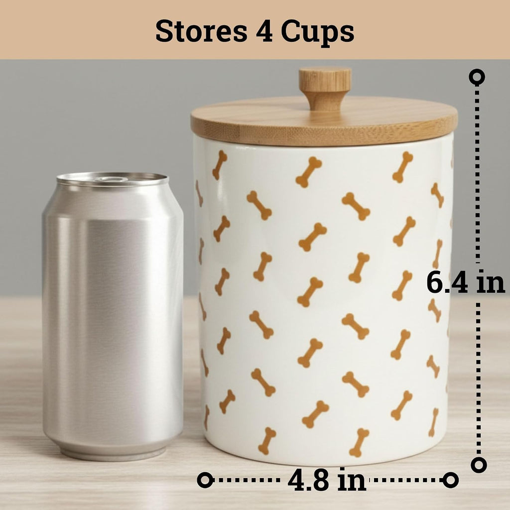 Ceramic Dog Treat Container Airtight with Bamboo Lid, 5"W x 6.4"H, 4 Cups