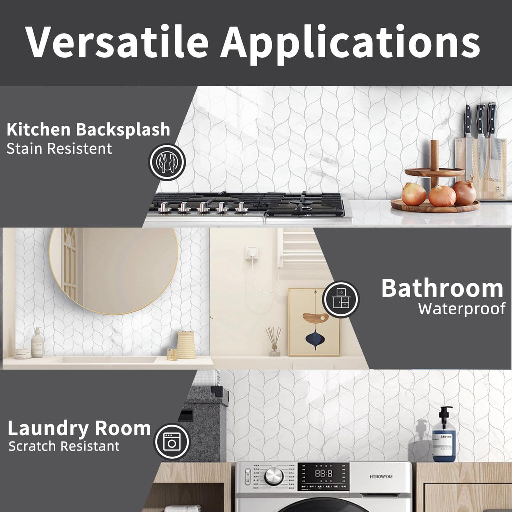 10-Sheet Peel and Stick Backsplash Tile , Self-Adhesive Mosaic Glossy Leaf Stick on Wall Tile with Gaps (Calacatta