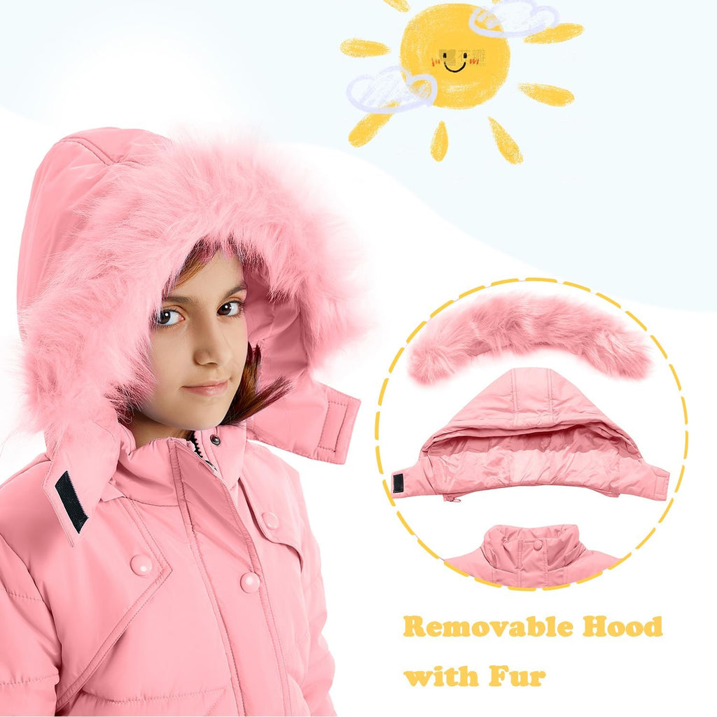 Girls' Winter Coats Fur Hooded Warm Puffer Jacket Coat with Fleece Lined
