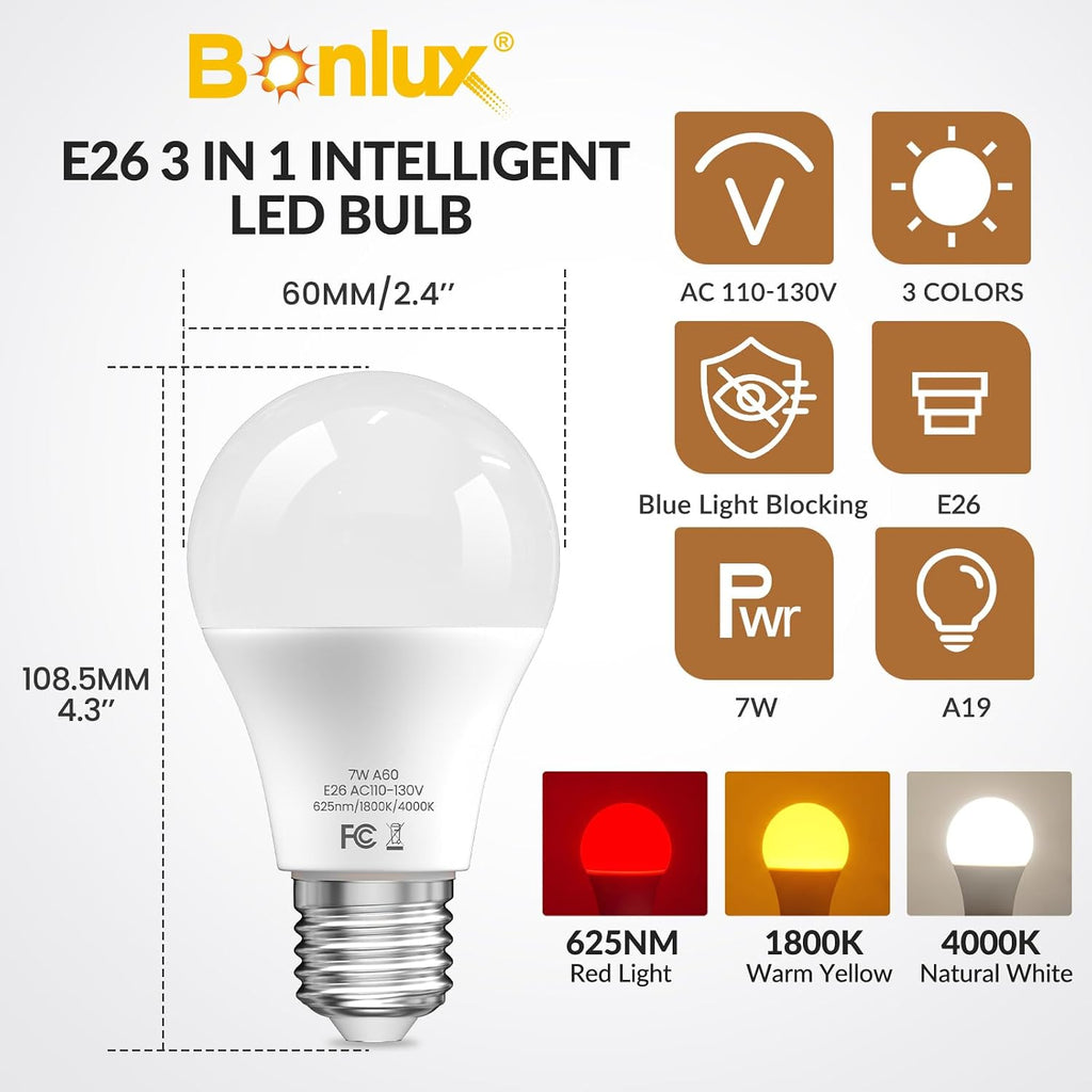 E26 7W A19 Block Blue Light Sleep Light Bulb, 625nm Red Light Melatonin-1800K Amber Light-4000K Natural Daylight, LED