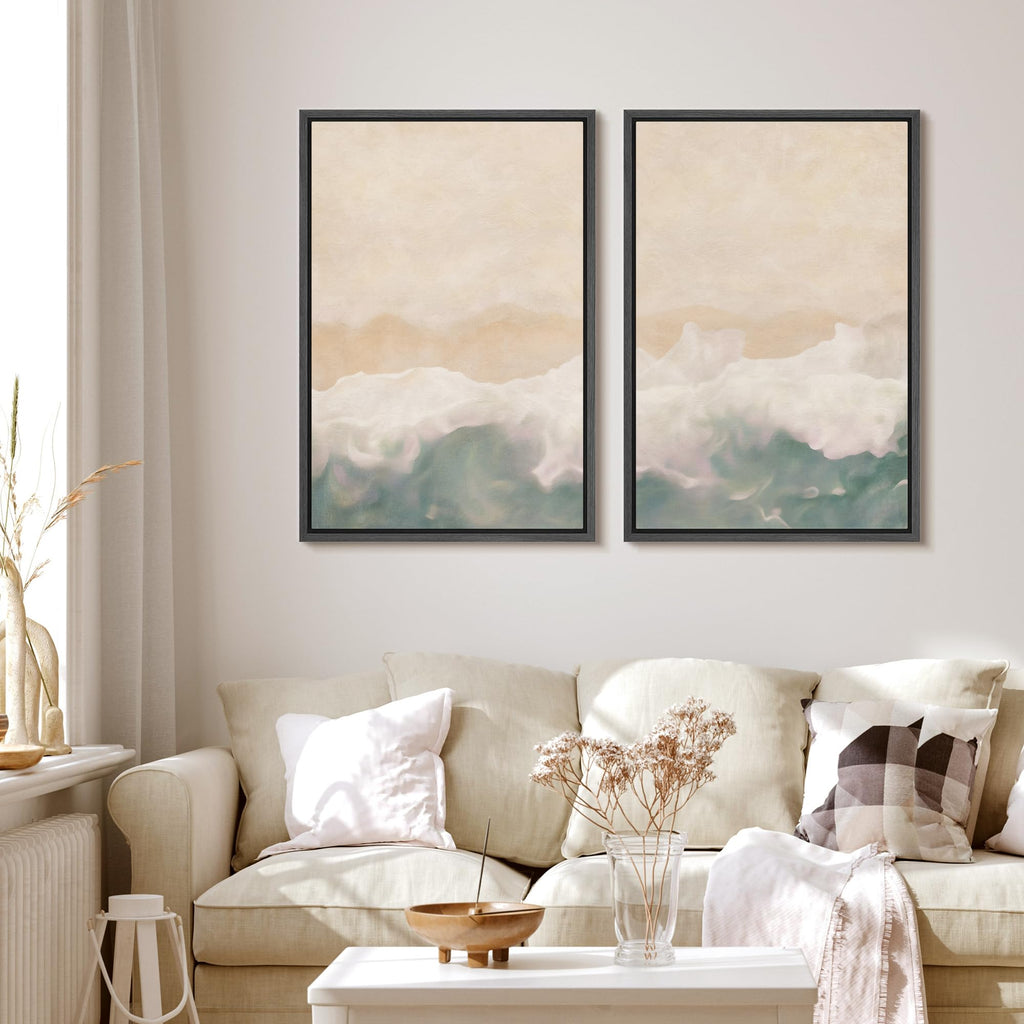 Framed Canvas Print Wall Art Set Soft Coastal Wave Abstract Pastel Illustrations Modern Art Decorative Bohemian