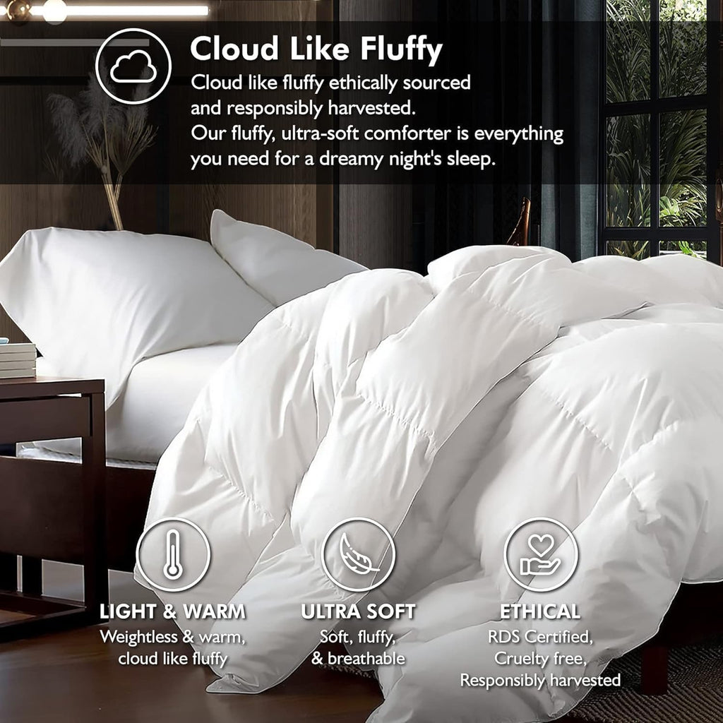 Luxurious Full/Queen Goose Down Comforter, Unique White Solid, 600 Thread Count, 100% Egyptian Cotto