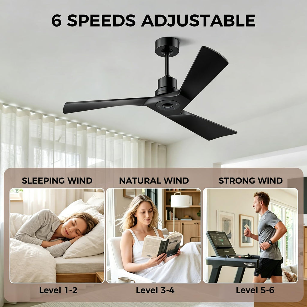 Inspired Adler Style 52" Solid Wood Ceiling Fan Without Light, 3 Sculpted Blades, Quiet DC Motor, 6-Speed Remote - Black