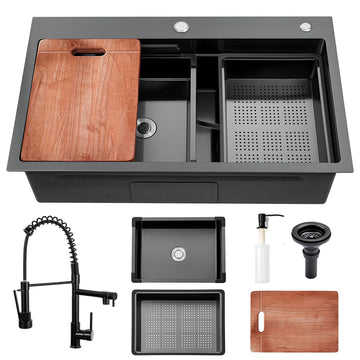 Black Kitchen Sink 30 Inch Gunmetal Black Drop Sink with Faucet Combo Modern Workstation Stainless Steel Sink Top