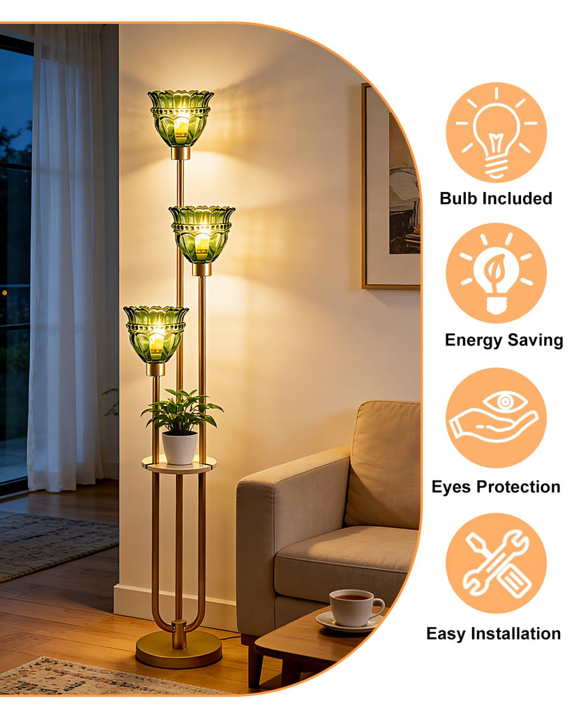 3-Light Green Tulip Glass Floor Lamp with Side Table, Mid Century Modern Gold Tall Standing Lamp, 3000K Warm White