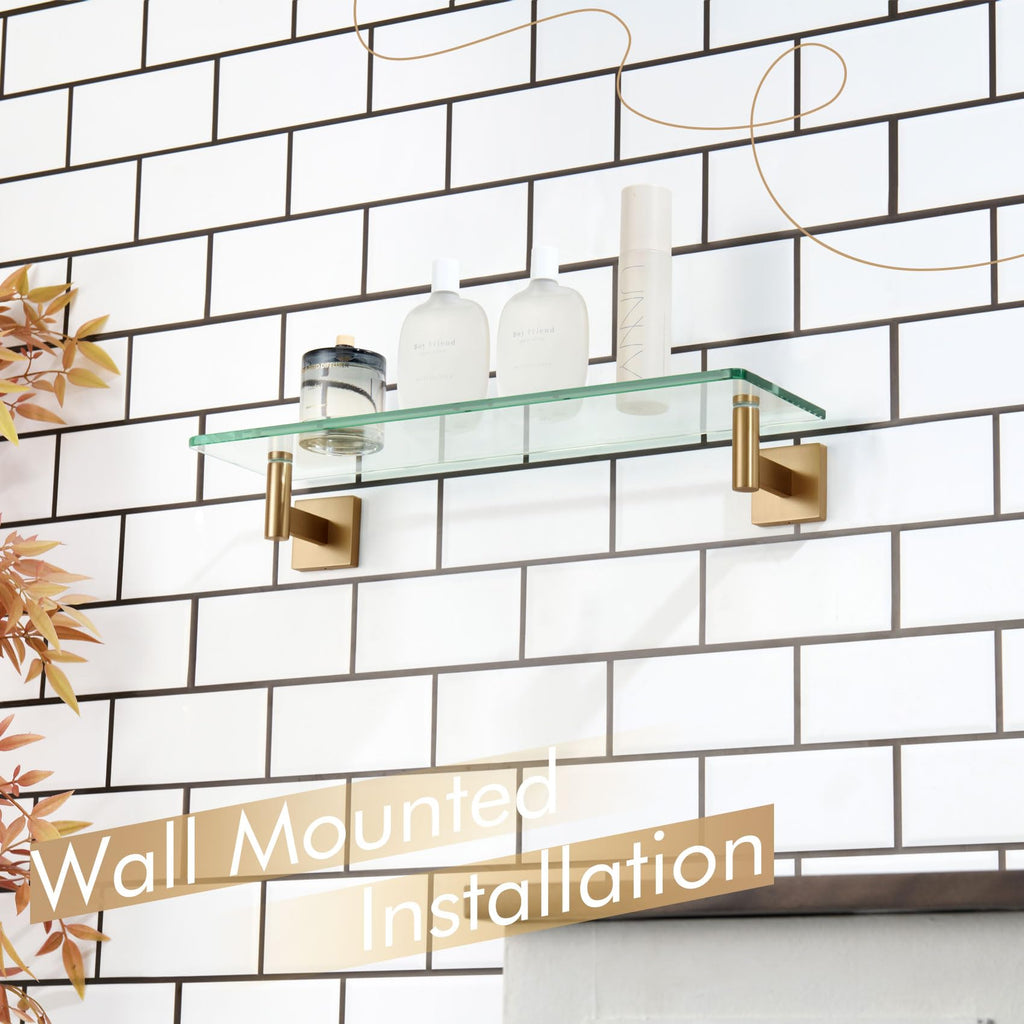 Wall Shelves Bathroom Hardware Tempered Glass Floating Shelf Hanging Rack Storage/Room Decor 20-Inch Champagne Bronze