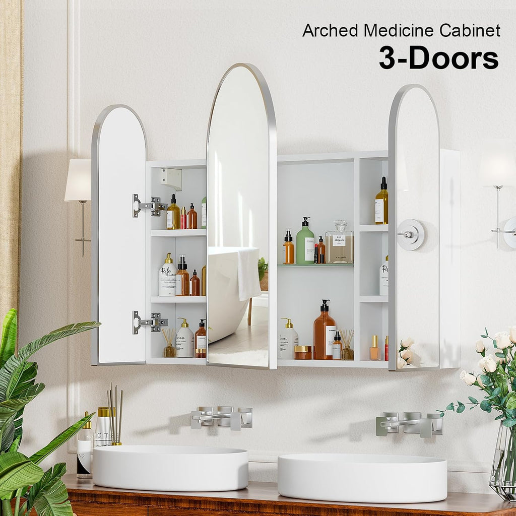 Triple Arched Brushed Nickel Medicine Cabinet,Medicine Cabinet with Mirror,3 Doors,Surface Mount Bathroom Mirror