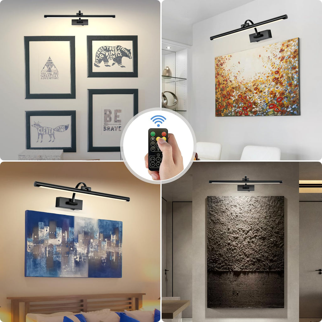 Picture Light Battery Operated with Remote, 3CCT Dimmable Picture Light for Paintings, Black Rechargeable 24 inch