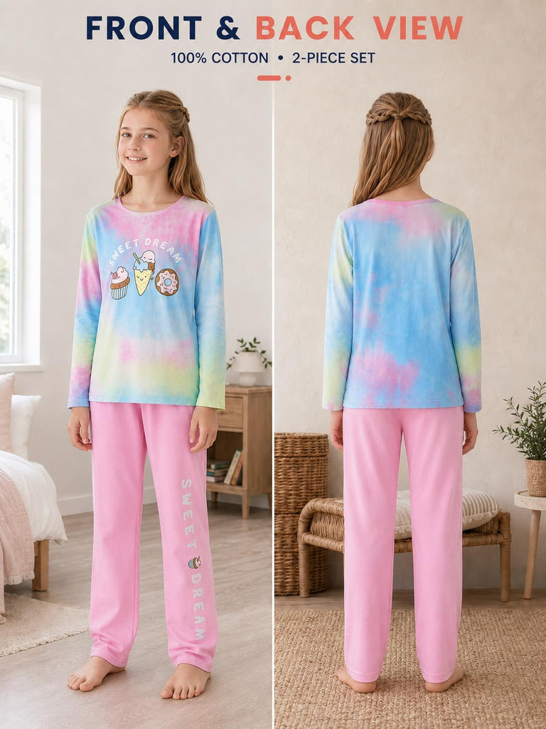 Girls' 100% Cotton Pajama Set, Tie-Dye with Various Prints