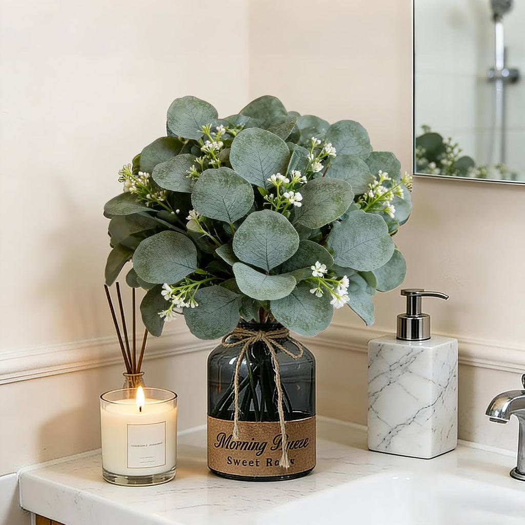 Faux Eucalyptus Leaves Stems Bulk Silver Dollar White Seed Artificial Greenery Stems Fake Sprays Branches - Set of 40