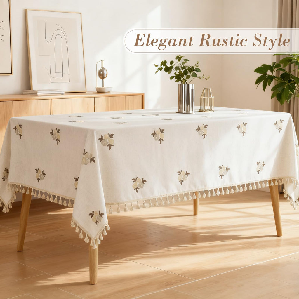 Cream Linen Tablecloth Rectangle 60 x 84 Inch Brown Floral Pattern Embroidered Table Cloth with Tassel Heavy Duty